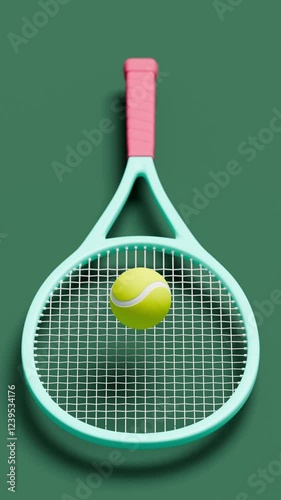 Sport equipment's for tennis game. A tennis ball jumping on cyan racket on pastel green color court. 3d animation, rendering. Sport background for postcard, flyer, poster.