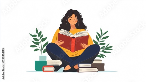 Female Character Reading Books Stack Vector Illustration for Website Education Concept