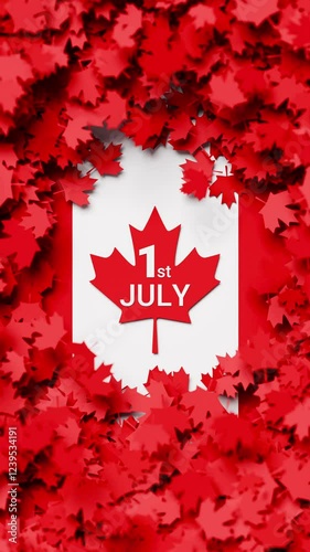 Creative Canada Day card background with many maple leaf. Lettering 1st of July on red maple leaf. 3D render. Vertical animation, selective focus.