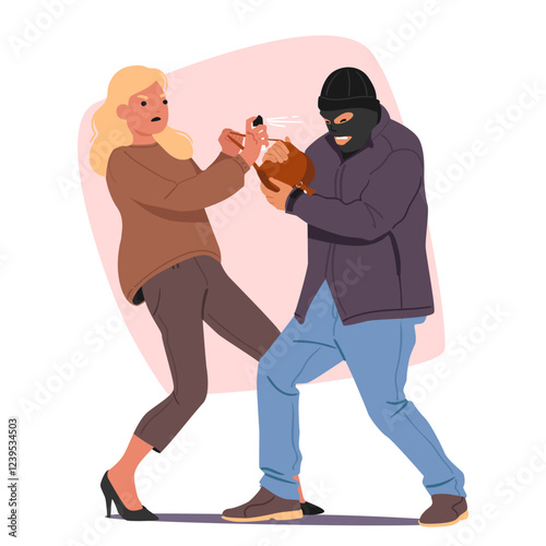 Woman cartoon character applying gas canisters for self-defense against robber vector illustration