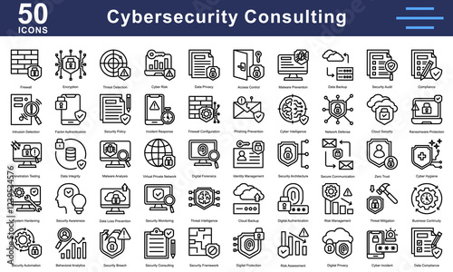 Cybersecurity Consulting icon collection set. Containing Firewall, Encryption, Threat Detection, Cyber Risk, Data Privacy, Malware Prevention, Data Backup, Security Audit. Simple Line vector.