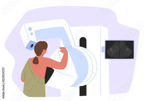 Woman patient character getting mammogram breast cancer screening on radiology medical equipment
