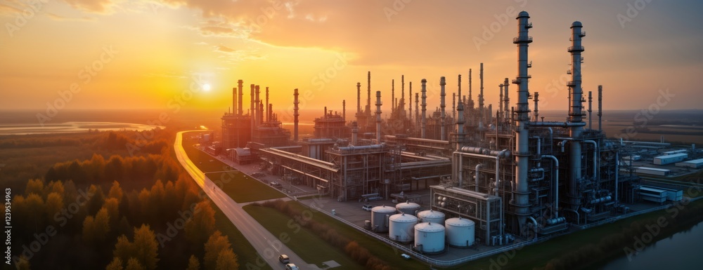 Aerial view of oil refinery at sunset in Yaroslavl Russia. Large industrial plant with many towers, pipes surrounded by road, green areas. Sunrise colors, golden light on horizon highlight massive Aerial view of oil refinery at sunset in Yaroslavl Russia. Large industrial plant with many towers, pipes surrounded by road, green areas. Sunrise colors, golden light on horizon highlight massive