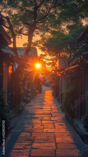 Asian alleyway sunset glow, tranquil, village