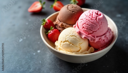 Neapolitan ice cream scoops in bowl. Delicious scoops of chocolate strawberry, vanilla ice cream. Fresh strawberries add tempting touch. Summer treat. Perfect for cafes, eateries. Bowl of colorful