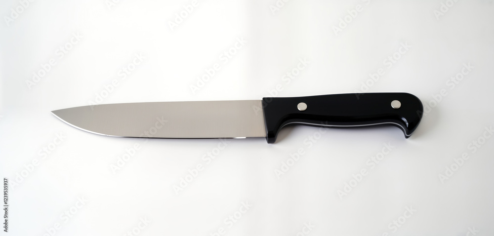 Sharp knife lies on plain white surface. Kitchen tool weapon. Close-up view. Crime scene thriller image. Versatile image for various themes. Suitable for detective mystery genres. Investigation Sharp knife lies on plain white surface. Kitchen tool weapon. Close-up view. Crime scene thriller image. Versatile image for various themes. Suitable for detective mystery genres. Investigation