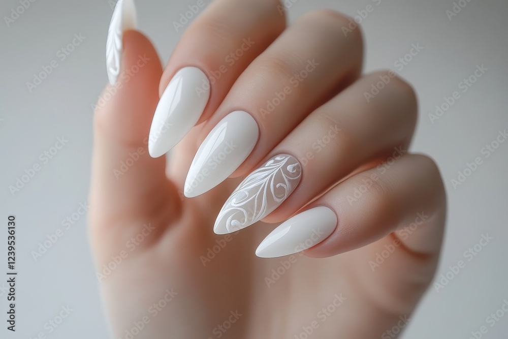 Woman s hand with white nail art holding a file on a white backdrop Woman s hand with white nail art holding a file on a white backdrop