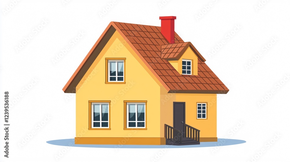 Yellow Backside House Icon with Red Chimney and Line Drawing on White Background Yellow Backside House Icon with Red Chimney and Line Drawing on White Background