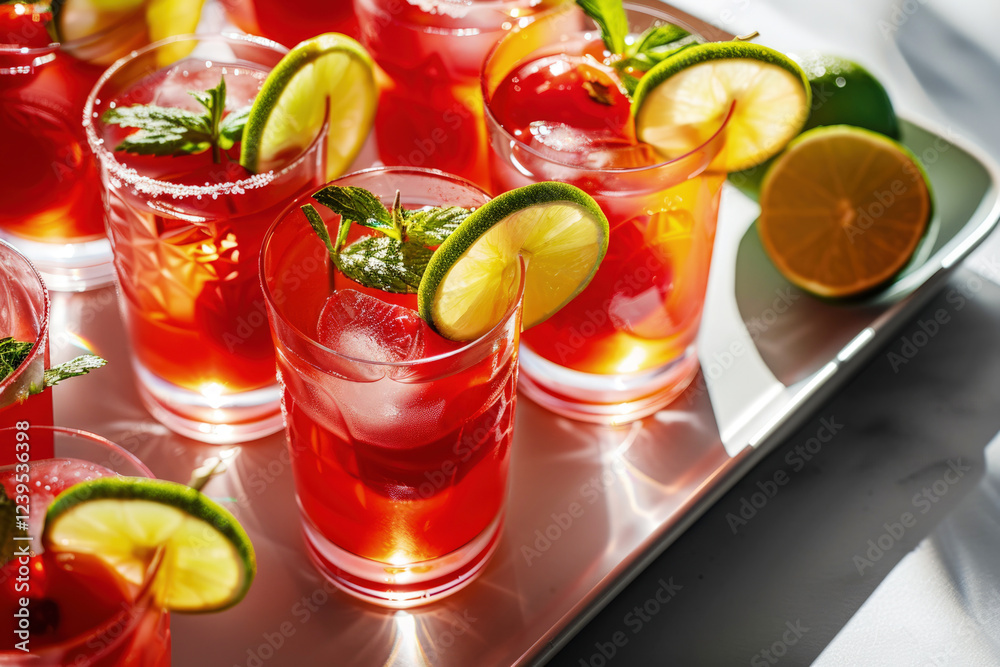 Tray of Blushing Bride Cocktails with Deep Red Tomato Water Mixed with Vodka, Elderflower and Lime Tray of Blushing Bride Cocktails with Deep Red Tomato Water Mixed with Vodka, Elderflower and Lime