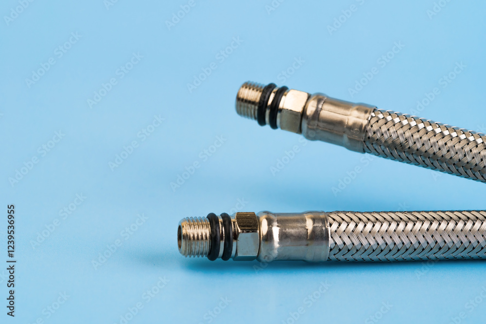 Braided stainless steel plumbing hoses with threaded connectors isolated on the blue background. Selective focus.