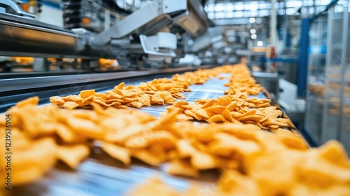 Wallpaper Mural Automated conveyor belt with packaged snacks moving through a food processing facility. Torontodigital.ca