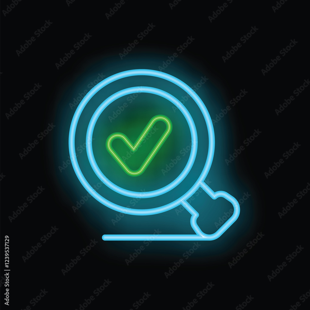 Neon magnifying glass showing green check mark symbol on black background representing concept of search engine optimization Neon magnifying glass showing green check mark symbol on black background representing concept of search engine optimization