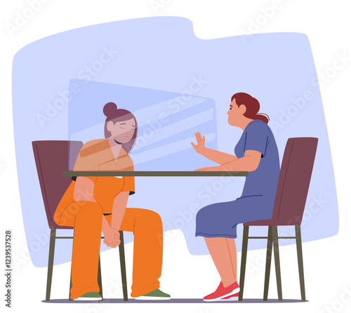Sad upset woman prisoner cartoon character having meeting time with relatives vector illustration