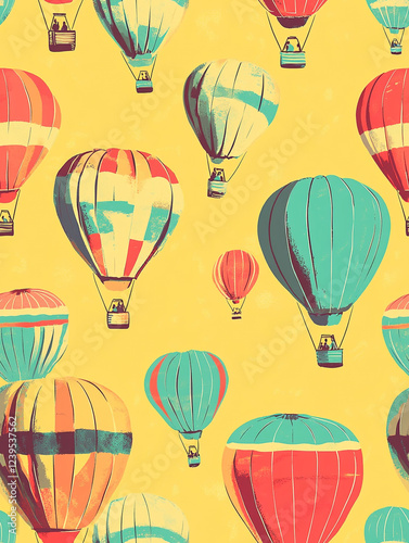 A vibrant pattern of various hot air balloons in different colors and designs against a yellow background. Cartoon style. 