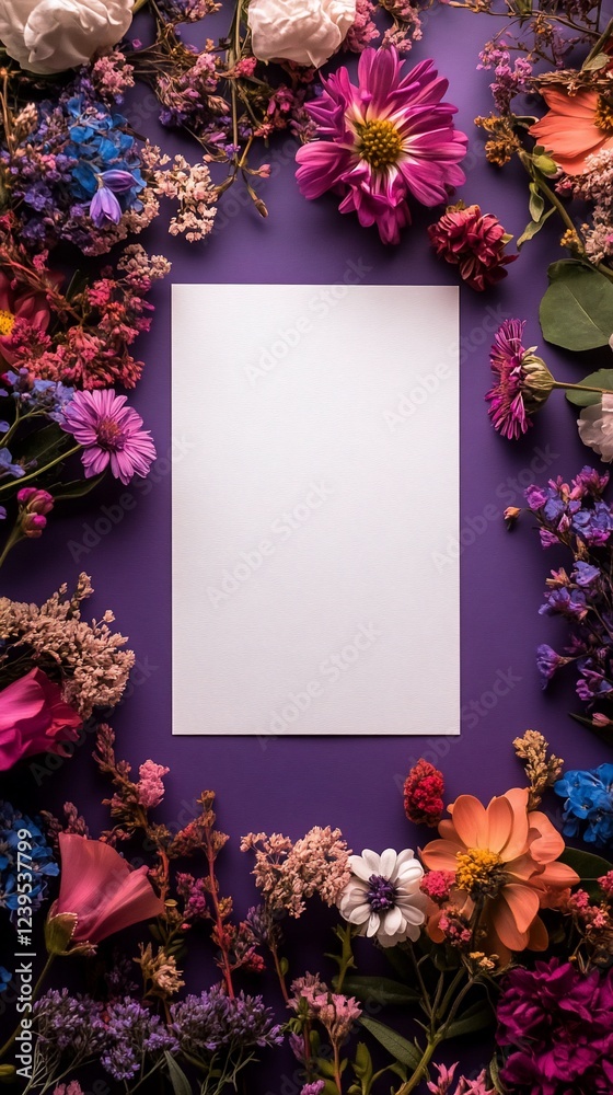 Obraz premium Blank paper framed by colorful dried flowers on purple background