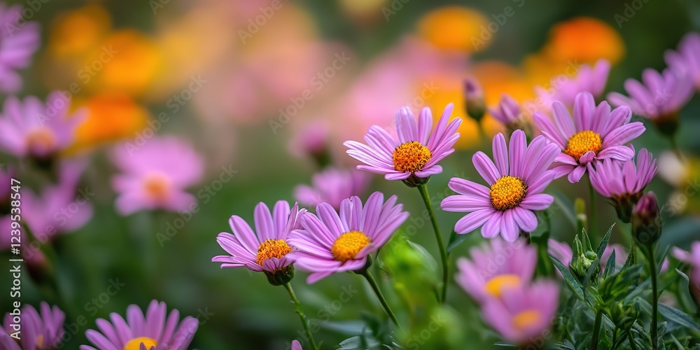 dreamy springtime pink daisy flower field background, soft sunlight peaceful flower field	
