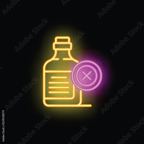 Glowing neon style icon showing a medicine bottle with a prohibit sign, concept of expired or fake medicine