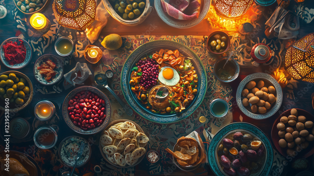 A richly decorated table overflows with a variety of Middle Eastern dishes, including olives, beans, and a central plate with a fried egg. Candles and warm lighting create a festive atmosphere. A richly decorated table overflows with a variety of Middle Eastern dishes, including olives, beans, and a central plate with a fried egg. Candles and warm lighting create a festive atmosphere.