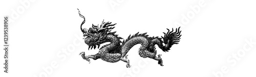 Asian east Chinese dragon fantasy figurine isolated on white background retro pop art halftone effect cutout collage element for mixed media dotted texture vintage magazine grunge punk style object