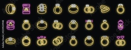 Bright neon wedding and engagement rings glowing in various styles, perfect for celebrating love and commitment