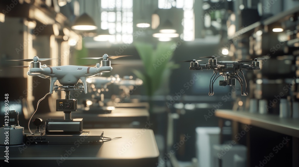 Drone assembly line in a futuristic factory with robotic automation. Drone assembly line in a futuristic factory with robotic automation.