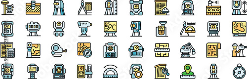 Set of colorful icons representing geodesy, surveying, cartography, and measurement tools for land surveying and map making