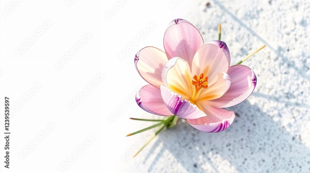 Obraz premium delicate pink crocus flower blooming through snow, close-up of early spring flora with soft sunlight and minimalistic white background