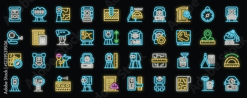 Neon icons representing surveying equipment, tools, and techniques used in land measurement and building construction