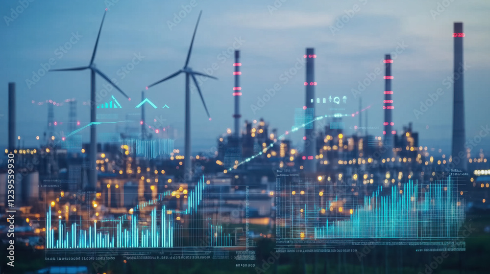 Fototapeta premium Industrial Power Plant with Large Turbines in Operation and Background Illustrating Energy Market Graphs of Coal, Natural Gas, and Renewable Energy Trends