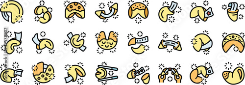 Set of fortune cookie icons, including opening, cracking, messages, sparkles, and chopsticks, ideal for representing luck, destiny, and chinese cuisine