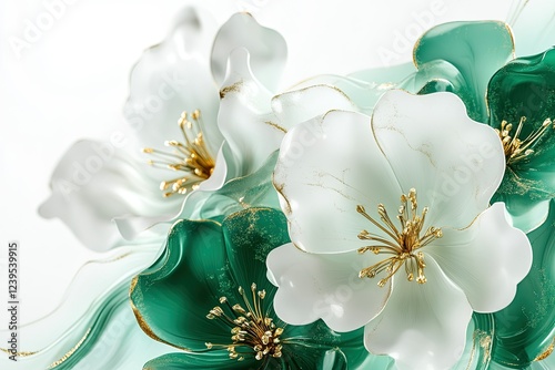 3D abstract art painting of emerald green and white flowers with gold leaf accents on an isolated background photo