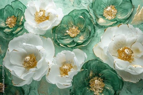 3D abstract art painting of emerald green and white flowers with gold leaf accents on an isolated background photo