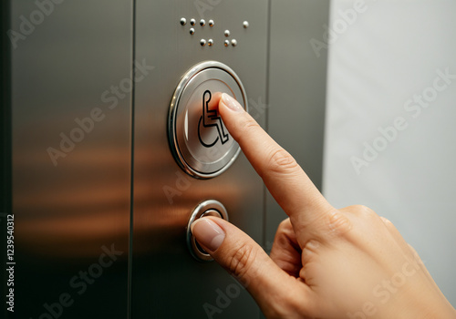 Close up of a woman's hand pressing the accessibility button with the wheelchair symbol in a modern elevator photo