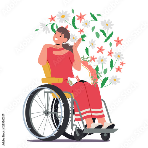 Happy woman cartoon character with special needs sitting in wheelchair enjoying life beauty