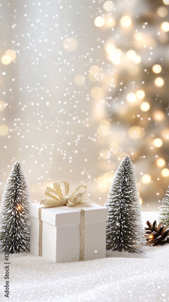 White Gift Box with Ribbon Amidst Sparkling Snowy Christmas Scene and Decor White Gift Box with Ribbon Amidst Sparkling Snowy Christmas Scene and Decor