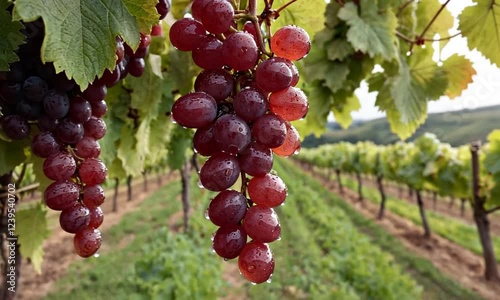 Wallpaper Mural Close-Up View of a Bunch of Ripe Purple Grapes Hanging from a Vine, Clustered Together with Green Leaves in a Vineyard, Highlighting the Stage of Grape Ripening Crucial for Harvesting.  Torontodigital.ca