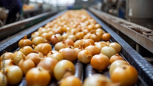 Onions move along a conveyor belt in a food processing plant
