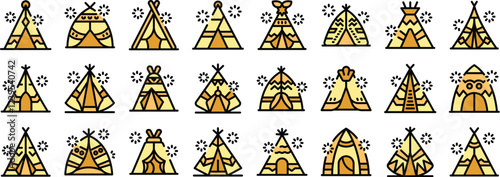 Wigwam icons set. Outline set of wigwam vector icons thin line color flat isolated on white background