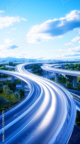 Modern Highway Interchange with Multiple Levels Under a Clear Blue Sky