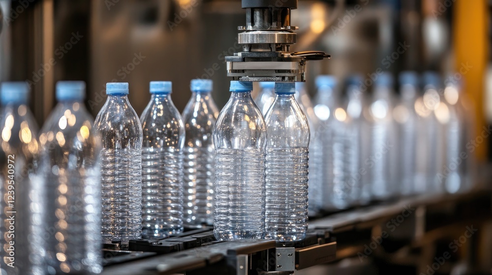 Industrial robotic system assembling plastic bottles in a mass-production line. Industrial robotic system assembling plastic bottles in a mass-production line.