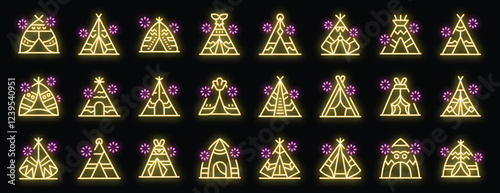 Bright yellow neon teepee tent icons glowing on black background, vector illustration