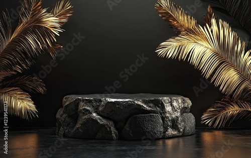 3D illustration of a black background with golden palm leaves and a stone podium photo