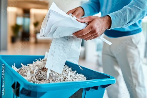 Person shredding documents into a blue recycling bin in a modern office environment