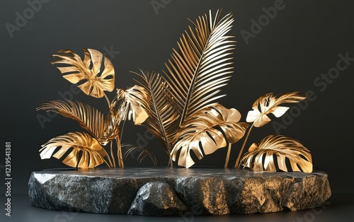 3D illustration of a black background with golden palm leaves and a stone podium photo