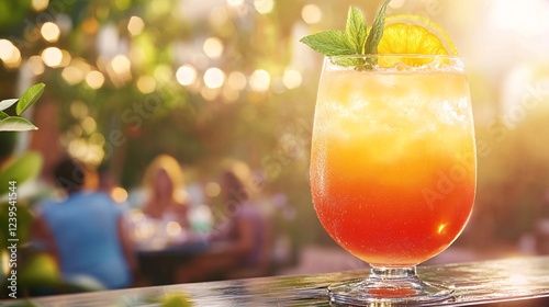 Refreshing Spring Cocktail on a Stylish Outdoor Table in a Vibrant Garden photo