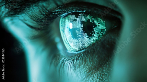 Futuristic eye with digital circuit board pattern, reflecting a new technological era