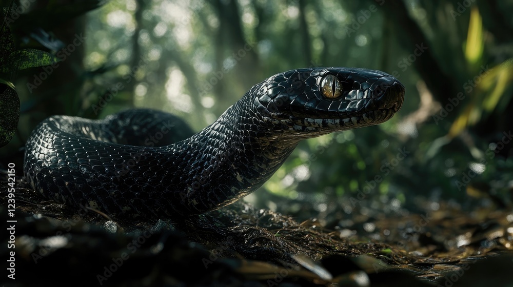 A black mamba snake disappearing into a dense forest, with the motion captured in the bright daylight A black mamba snake disappearing into a dense forest, with the motion captured in the bright daylight
