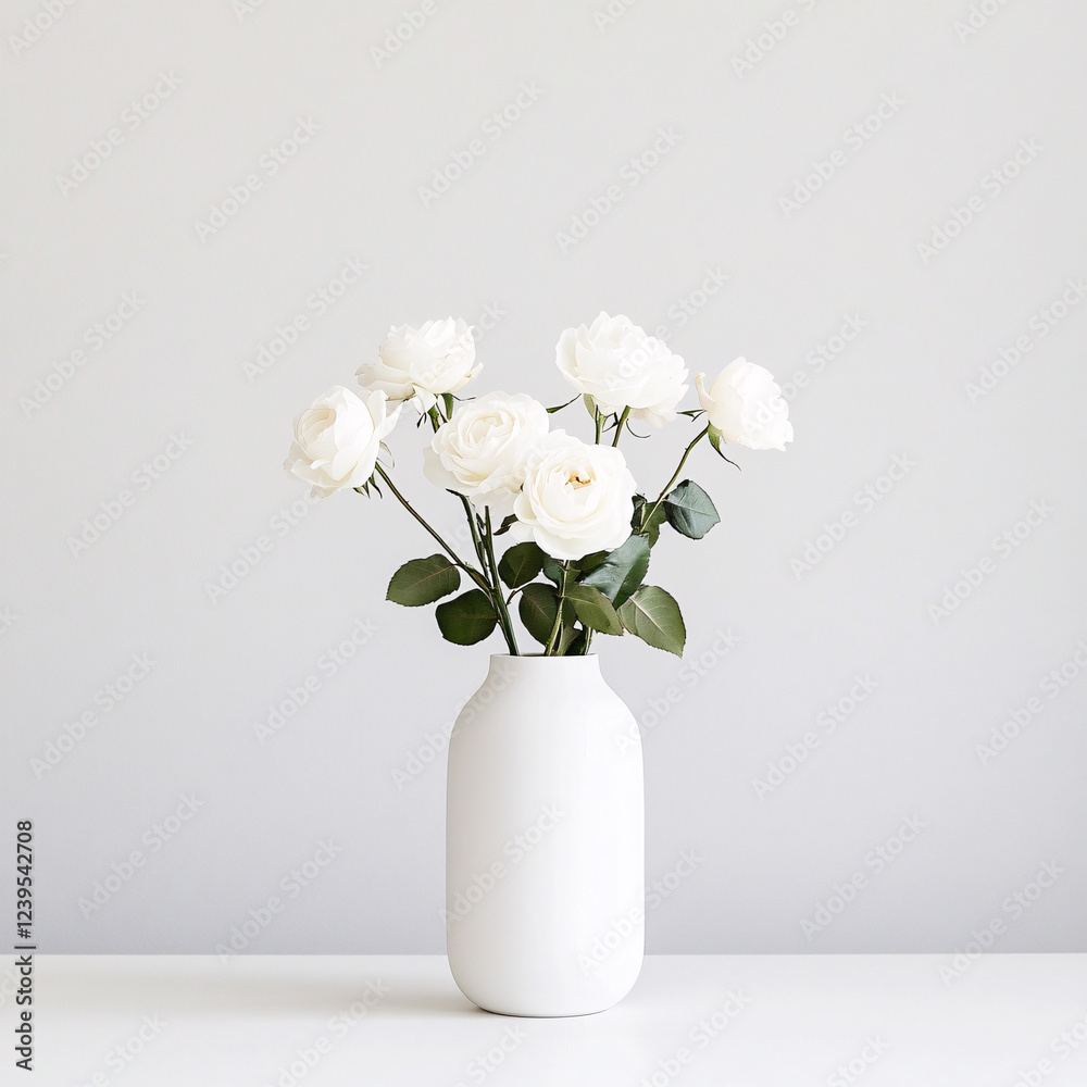 White ceramic vase with fresh white roses in a minimalist floral arrangement on a white background White ceramic vase with fresh white roses in a minimalist floral arrangement on a white background