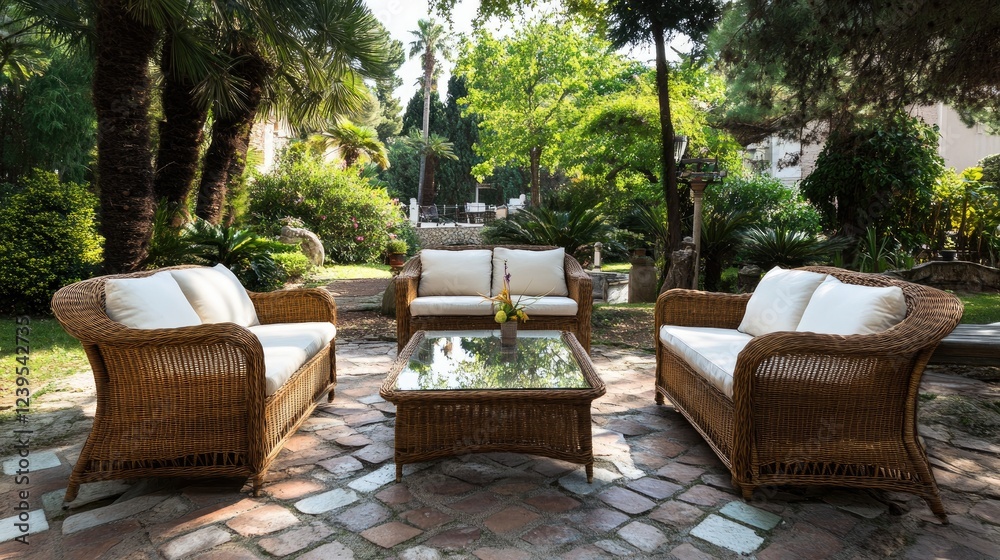 Outdoor garden furniture set featuring rattan chairs and a glass table. Outdoor garden furniture set featuring rattan chairs and a glass table.
