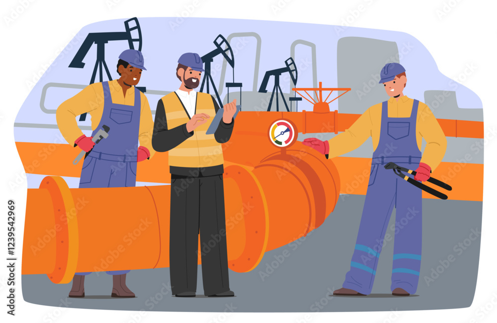 Naklejka premium Industrial workers and engineer coworking at pipeline of oil petroleum plant cartoon scene